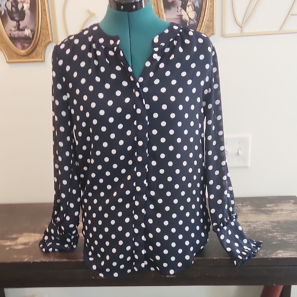 J. Crew Dark Blue Blouse with White Dots